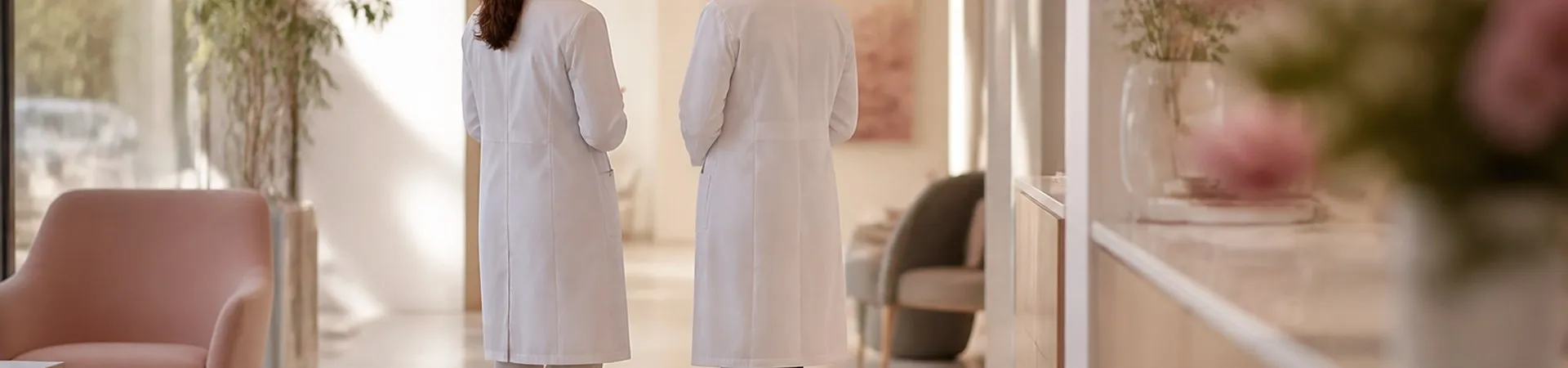 Dos profesionales de la salud conversando en un pasillo de consulta